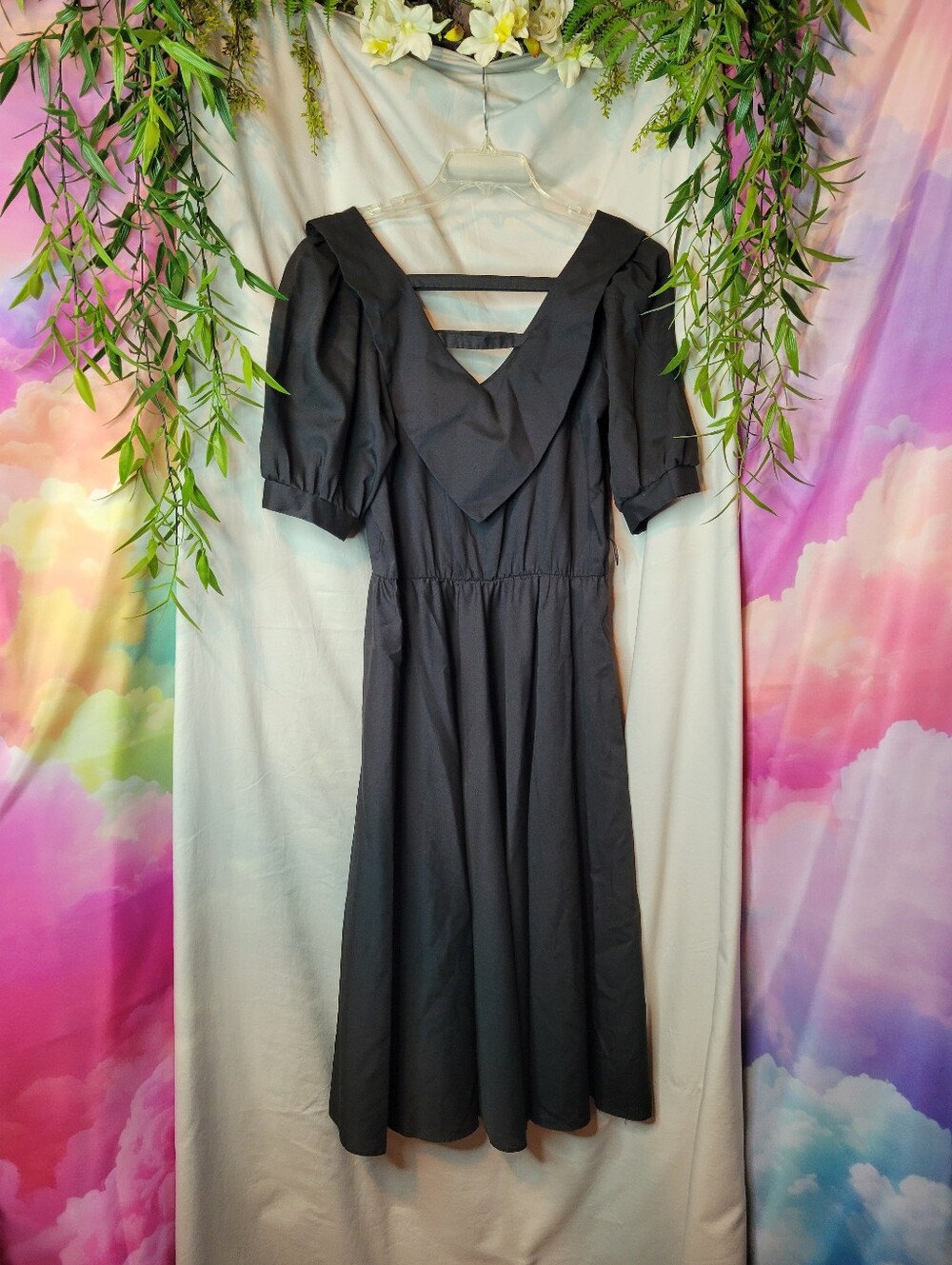 Vintage Black Midi Dress V-Back & Puff Sleeves, Union Made